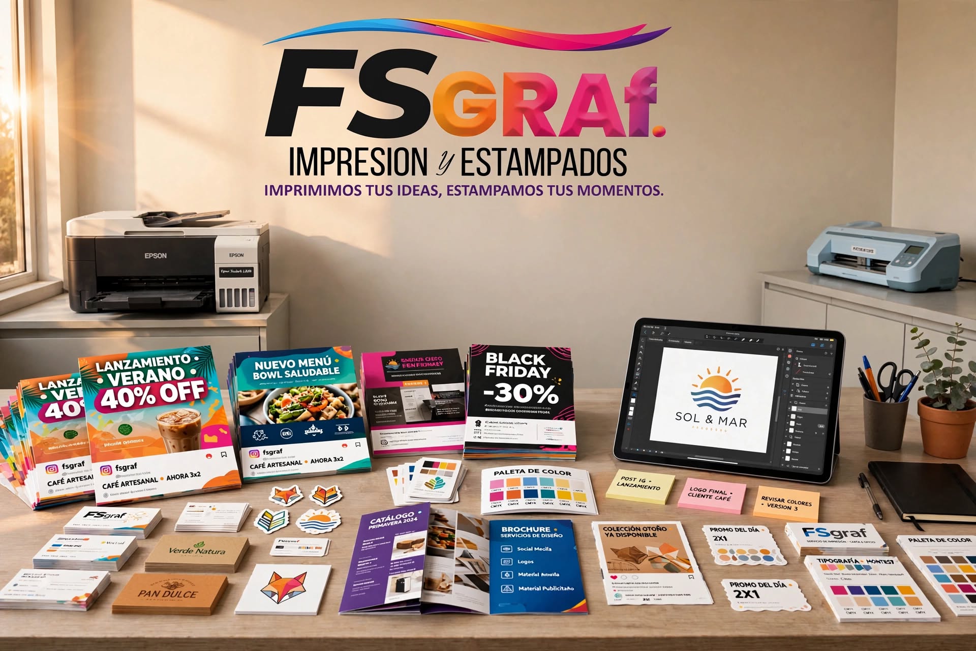 Diseño de material publicitario para impresión y redes sociales.