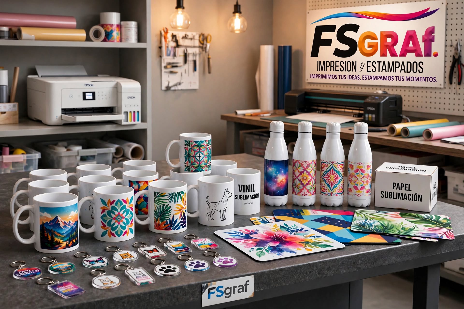 Sublimación de tazones, botellas, llaveros, mousepads y otros productos.