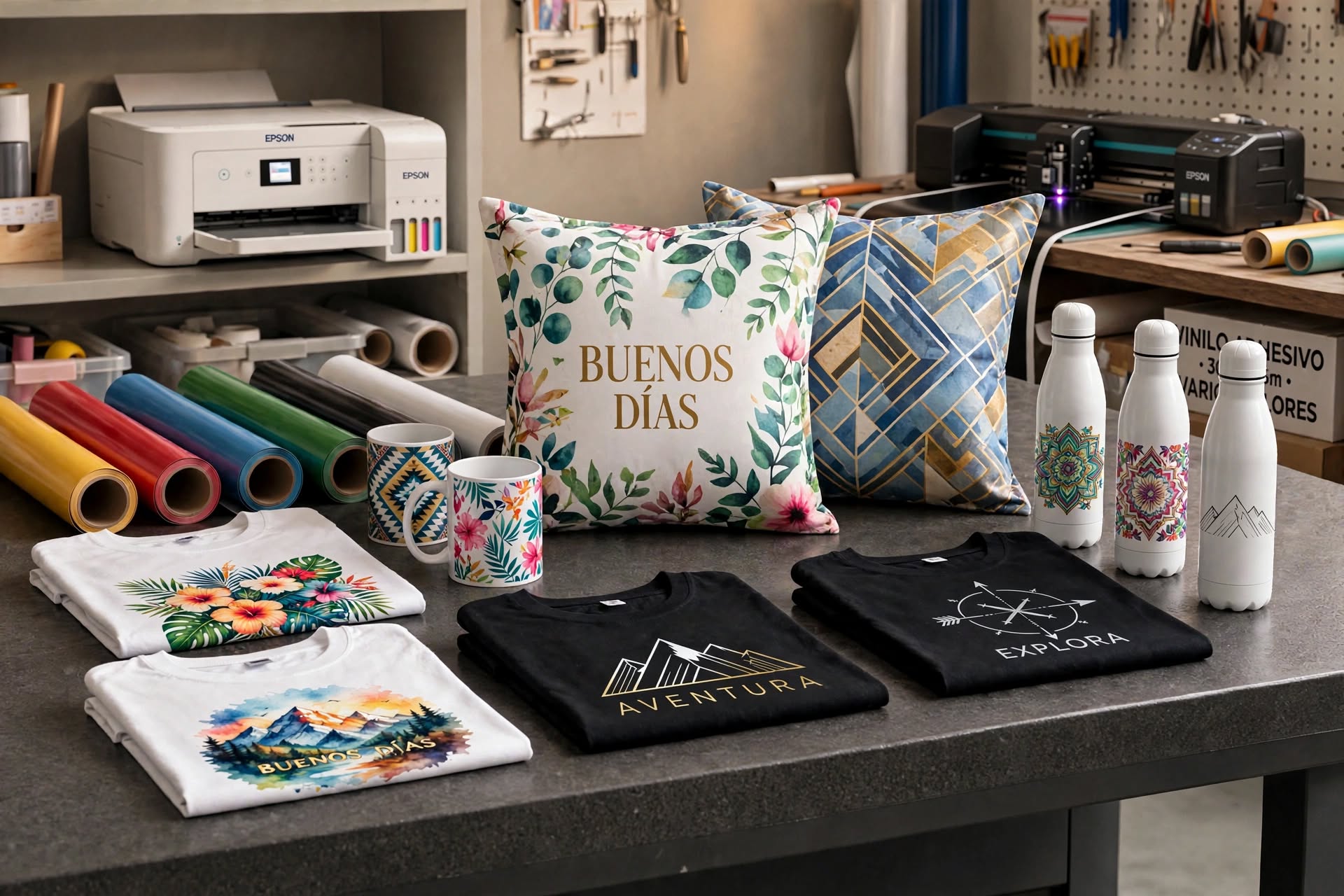 Estampados personalizados en poleras, cojines, bolsas y otros productos.